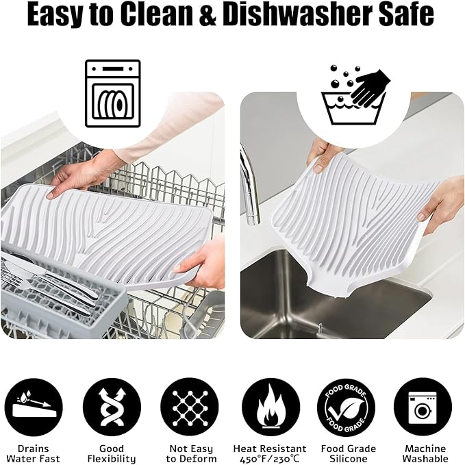 TIKNIK Silicone Dish Drying Mat, Stone Drying Mat for Kitchen Counter with Built-In Drain, Non-Slip Drain Pad with Built-in Drain, Heat Resistant Stone Drying Mat, Hangable, White-1pcs, 20" x 15"