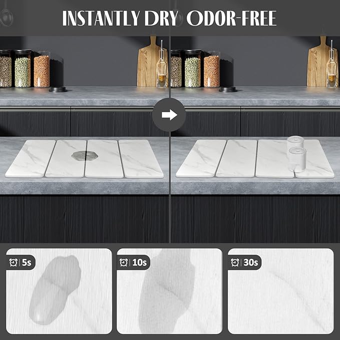 Large Stone Dish Drying Mats for Kitchen Counter, 24"(L)×16"(W) Marble pattern, Drying Collapsible Dish Drying Mat, Eco-Friendly Absorbent Diatomaceous Earth Mats for Dishes Bottles Cups