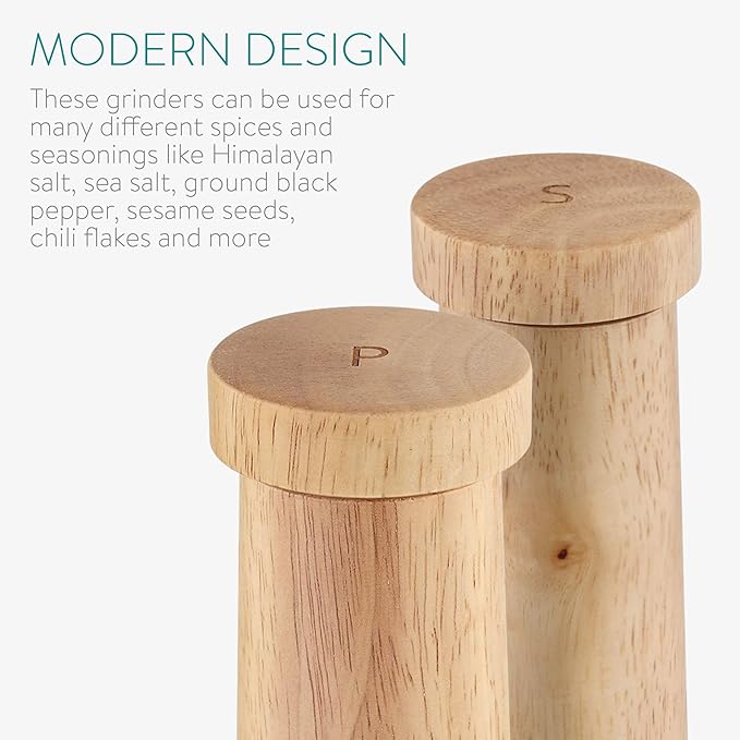 Navaris Salt and Pepper Mill Set - Adjustable Rubber Wood Salt and Pepper Grinders Shakers with Ceramic Grinding Core for Home, Restaurants - Design 1