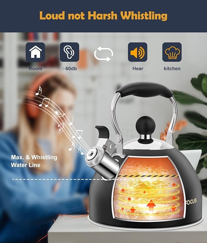 Tea Kettle, 2 Quart Stainless Steel Whistling Tea Kettle, Stovetop Whistling Teakettle Tea Pots for Stove Top with Ergonomic Folding Handle, Small Teapot, Water boiler for Tea, Coffee (Black)