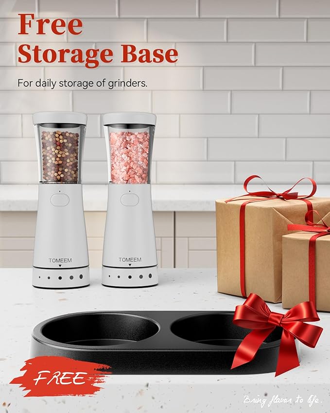 Electric Salt and Pepper Grinder Set with Storage Base, Stainless Steel Rechargeable Salt and Pepper Grinder Set with 4.5 oz Large Capacity, 1.8" Wide Mouth, Adjustable Coarseness, Ideal for Kitchen