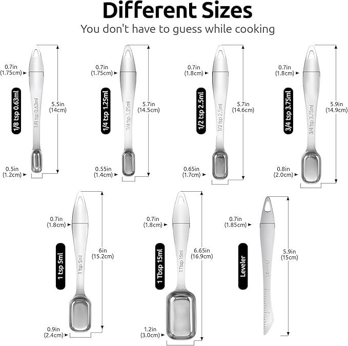 U-Taste Narrow Square Measuring Spoons: 18/8 Stainless Steel Kitchen Measure Teaspoon Tablespoon with Leveler, Polygon Rectangular Metal Jar Scoop for Baking Cooking, Coffee, Spice, Powder (Set of 7)