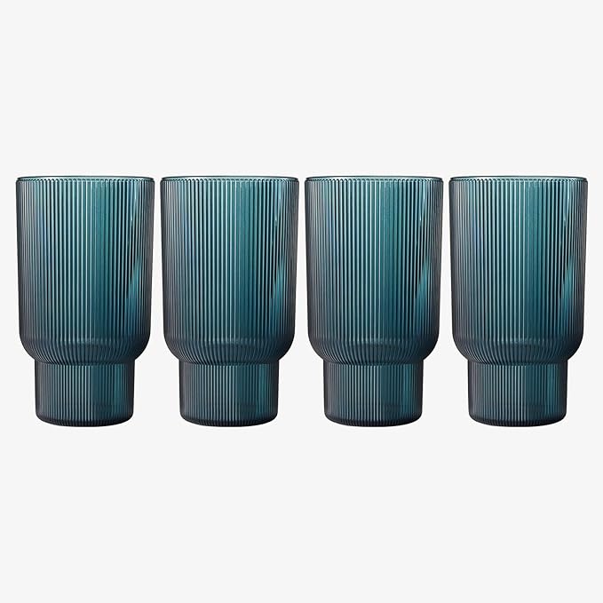 Shatterproof Acrylic Tall Drinking Glasses Set, European Style, Dishwasher Safe, Ribbed | Set of 4 | Fluted Tritan Drinkware, Unbreakable BPA-free Plastic, Reusable Stackable Glassware 14.5oz - Blue