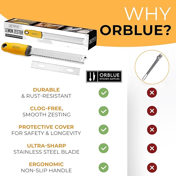 Orblue Lemon Zester & Cheese Grater - Premium Citrus Zester, Kitchen Grater for Parmesan, Chocolate, Fruits, Vegetables, Ginger, Garlic, Nutmeg - Stainless Steel Blades with Protective Cover, Yellow