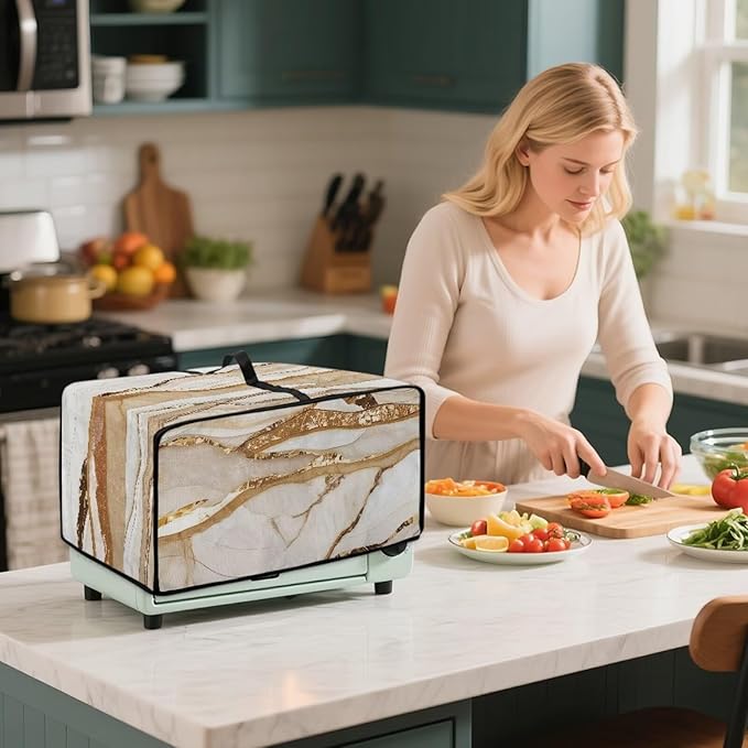 Marble Print Toaster Oven Cover, Heavy-Duty Dust Shield Kitchen Decorative Countertop Oven Protector, Microwave Air Fryer Cover, Light Gold White, (Medium-16.1*19.71*10 inches)