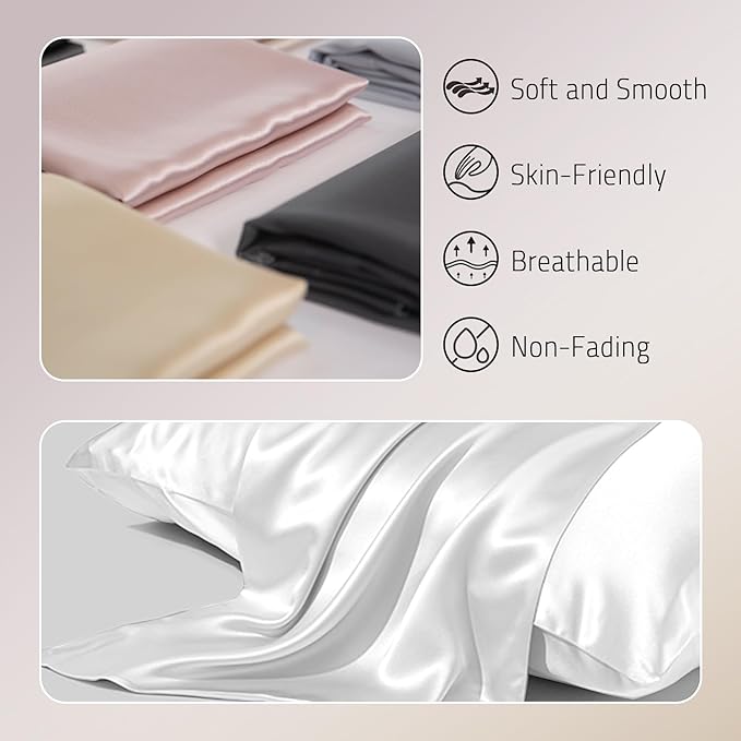 Mulberry Silk Pillowcase for Hair and Skin Prevent Acne Pillow Cases Both Sides Real Silk Pillowcases Organic Silk Pillowcase with Hidden Zipper, White, King (20"×36")