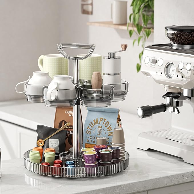 Rotating Coffee Bar Accessories Organizer, 2-Tier Lazy Susan Cup Holder for Stanley 40oz Tumbler with Handle, Countertop Drying Rack Station with Divided Tray for K-Cups, Snacks & Mugs
