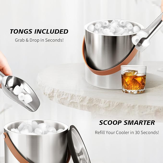 Bakpoco Insulated Ice Bucket with Lid, Scoop, Ice Tongs & Detachable Double-Sided PU Cover– 4L Double-Wall Stainless Steel Ice Buckets for Parties, Cocktail Ba, Champagne & Bar Cart Accessories