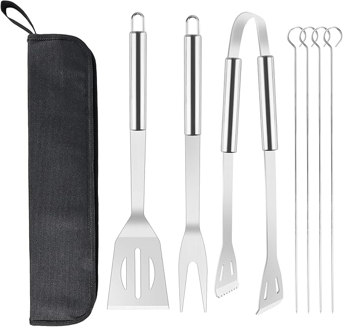 BBQ Grill Tool Set, 7 Pcs Stainless Steel Barbeque Grilling Tool Set, Includes a Spatula/Fork/Pair of Tongs, and 4 Corn skewers, BBQ Tools for Backyard Outdoor Kitchen