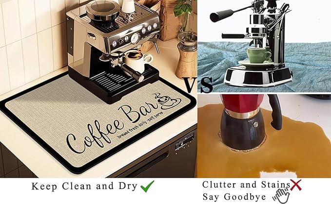 Coffee Mat for Countertops ,Coffee Bar Accessories Fit Under Coffee Maker Espresso Machine, Absorbent Hide Stain Rubber Mat for Countertop ,Dish Drying Mat for Kitchen Counter (D-Beige, 17"x31.5")