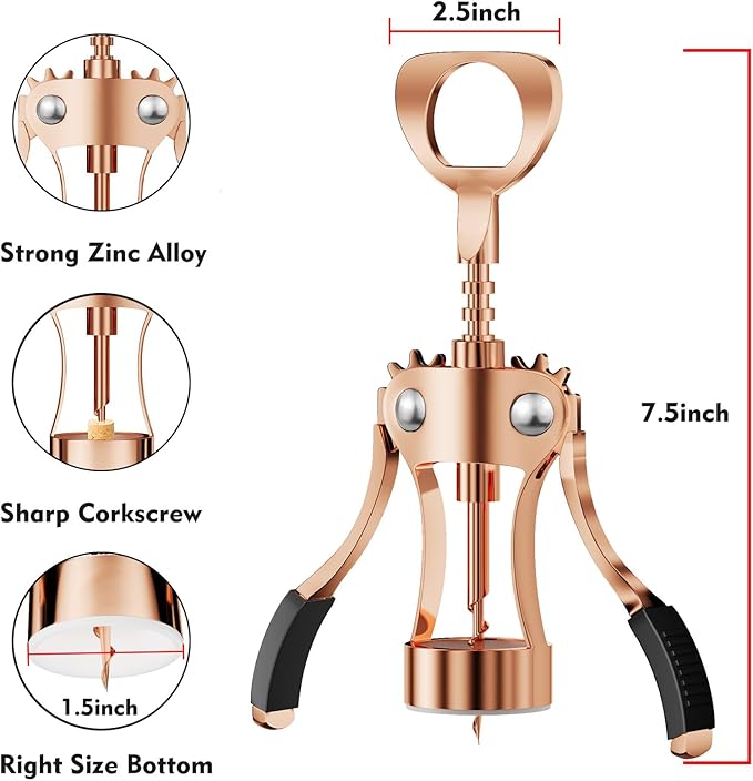 KORCCI Wine Opener, Heavy-Duty Zinc Alloy Wing Corkscrew, Premium Beer Bottle Opener, Multifunctional Wine Accessories with Ergonomic Handle and Sharp Screw, for Kitchen, Bar, Restaurant (Rose Gold)