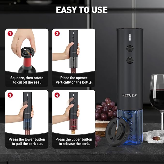 Secura Stainless Steel Electric Wine Opener, Rechargeable Automatic Wine Bottle Opener with Foil Cutter & Charging Cable, Reusable Corkscrew Wine Opener Electric for Home Party Bar Outdoor, Black