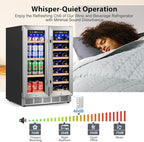 ORYMUSE 24 Inch Dual Zone Wine and Beverage Refrigerator, Built-in or Freestanding Cooler with French Doors, Under Counter Drink Fridge with Upgraded Compressor for Beer, Wine, and Soda
