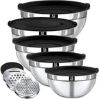 8PCS Mixing Bowls with Lids Set - 5 Nesting Mixing Bowls, 3 Grater Attachments, Lids, Stainless Steel Mixing Bowls for Mixing & Serving, Size 1.5/2.1/3.5/4/4.5 QT, Black