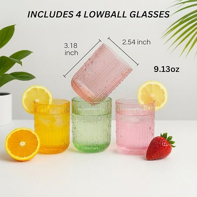 Khen Ribbed Textured Glassware | 8 Piece Set with 4 Highball 12.85oz and Lowball 9.13oz Tumblers Durable Reusable Water Juice Soda Iced Coffee Cocktail Lemonade Cups Dishwasher Safe