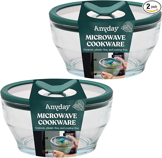 Anyday 2-Pack (4-Cup Deep) Glass Food Storage with Glass Lids | Plastic-Free Meal Prep & Microwave Cookware | Stackable Airtight Storage Container with Vented Lid for Microwave-Safe Reheating