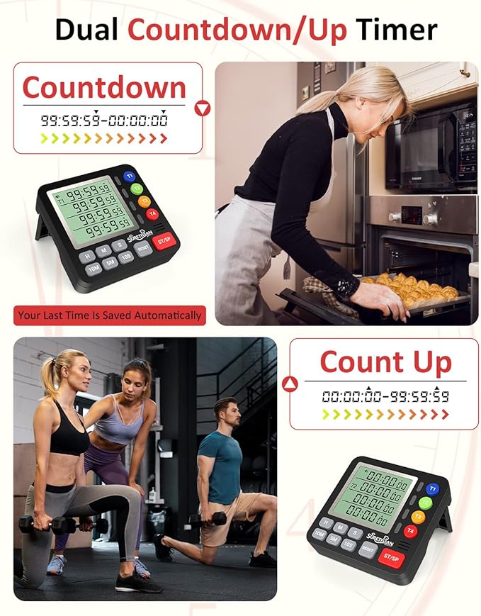 Digital Kitchen Timer for Cooking - 4 Channel Count Up Countdown Timer with Loud Alarm and Silent Mode, Large Display, Magnetic Back, Auto Memory for Classroom Study Gym, Battery Included (Black)
