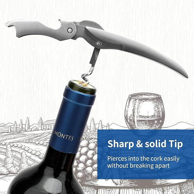 Sleek Waiter’s Corkscrew by ELMWAY - Stainless Steel Manual Wine Opener with Foil Cutter & Beer Bottle Opener, Portable & Durable Wine Key with Pouch, Wine gift for Wine Lover