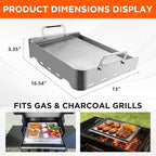 16" x 13" Stainless Steel Flat Top Griddle for Gas & Charcoal Grills, Universal Design for Outdoor & Home Cooking, with Grease Groove & Removable Handle, Ideal for Tailgating & Backyard Parties