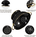 Metal Colander 2 Pack, 3.5 Quart Powder Coated Self-draining Solid Ring Base Metal Large Kitchen Pasta Vegetable Fruit Strainer with Handle (L-BLACK)