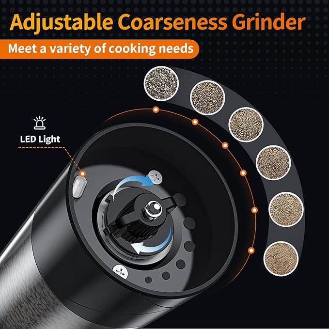 1Pc Electric Salt and Pepper Grinder USB Rechargeable with Warm LED Light, Adjustable Coarseness Lidaop Large Capacity Automatic Salt Pepper Mill Shakers for Kitchen, Restaurant, Outdoor, Black