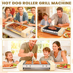 Electric Hot Dog Roller 3 in 1 Indoor Grills Portable with Non-stick & Smokeless Removable Grill & BBQ Griddle Plate, Stainless Sausage Grill Cooker Machine Fits 9 Sausage for Family Party