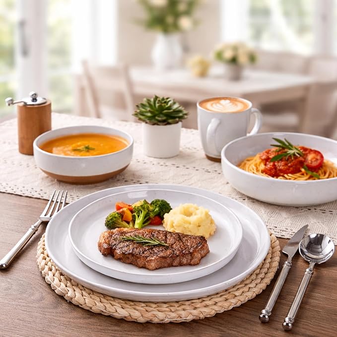 AmorArc Ceramic Dinnerware Sets for 8, 24 Pieces Handpainted Plates and Bowls Set with Rustic Terracotta Underside, Scratch Resistant Stoneware Dishes Set, Dishwasher & Microwave Safe, White