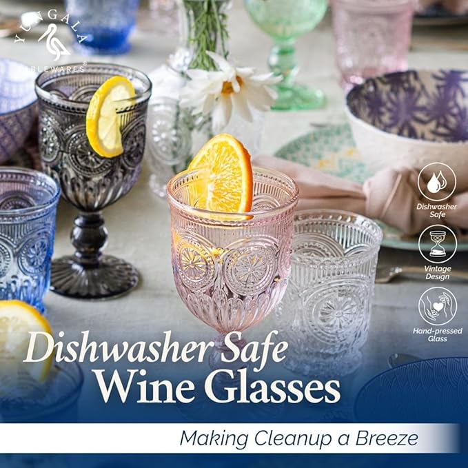 Yungala Multi Color Wine Glasses Set of 6 Vintage Hobnail Goblets 10 oz Dishwasher Safe