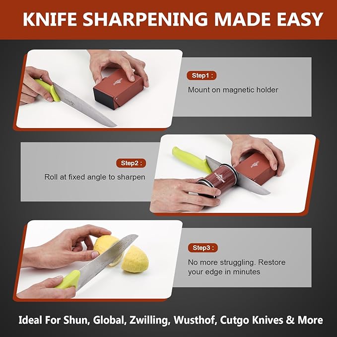 The Innovative Knife Sharpener - Patented Multi-Angle Premium Rolling Knife Sharpener with Extra Replacement Head for Chef's, Fruit, and All Steel Knives (Colorful Wood)