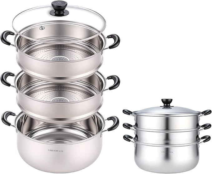 3-Tier 24 Qt Stainless Steel Steamer Pot with Glass Lid – Multi-Layer Stackable Cookware for Tamales, Vegetables & Seafood – Includes 2 Steamer Trays & Base Pot(30cm/11.8Inch)