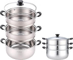3-Tier 24 Qt Stainless Steel Steamer Pot with Glass Lid – Multi-Layer Stackable Cookware for Tamales, Vegetables & Seafood – Includes 2 Steamer Trays & Base Pot(30cm/11.8Inch)