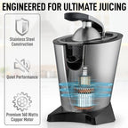 Zulay Electric Citrus Juicer - Makes Fresh Orange, Lemon, Grapefruit, Lime Juice - Stainless Steel, 160W Powerful & Quiet, Interchangeable Cones -Filters Out Seeds & Pulp- Dishwasher Safe Parts- Black