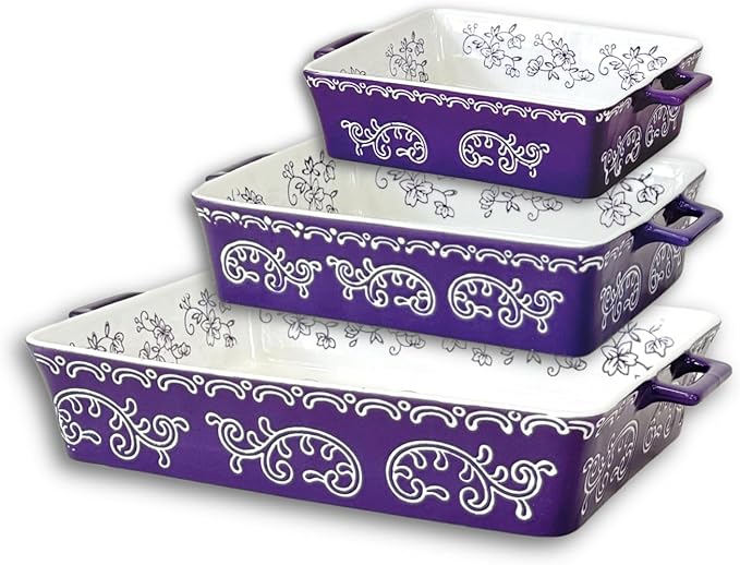 Domini Casserole Dishes for Oven, Ceramic Baking Dishes for Oven Set of 3, Lasagna Pan Deep, Baking Pan Set Square Casserole Dish Set with Handles for Baking, Pattern Purple(14.6+11.4+8.5inch)Christmas