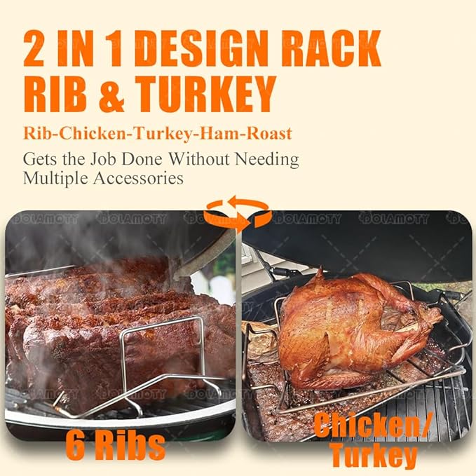 Turkey Roaster Roasting V Rack,15.6*11.6*4 inch Stainless Steel Roasting Pan with 2 Rack(Flat Rack and Rib Rack) for Smoker Smoking/Dual Purpose for Large Big Green Egg and Kamado Joe Etc