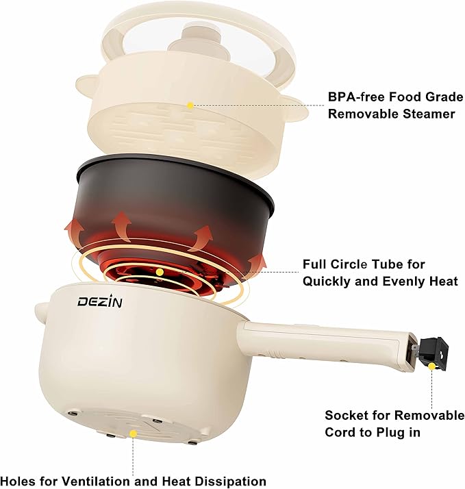 Dezin Hot Pot Electric, 2L Non-Stick Sauté Pan, Rapid Noodles Cooker, Mini Portable Pot for Steak, Egg, Fried Rice, Ramen, Oatmeal, Soup with Power Adjustment & Spatula, College Dorm Room Essential