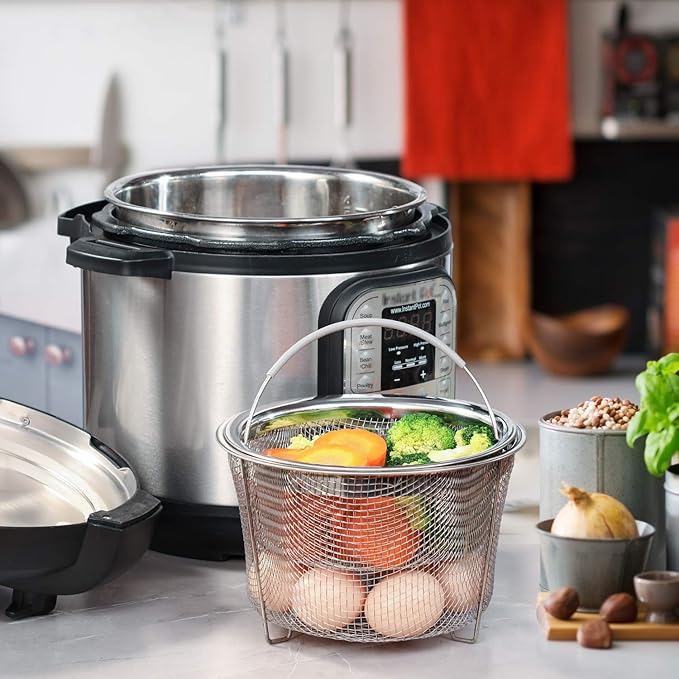 AOZITA Steamer Basket for Instant Pot Accessories 6 qt or 8 quart - 2 Tier Stackable 18/8 Stainless Steel Mesh - Silicone Handle - Vegetable Steamer Insert, Egg Basket, Pasta Strainer,Silver