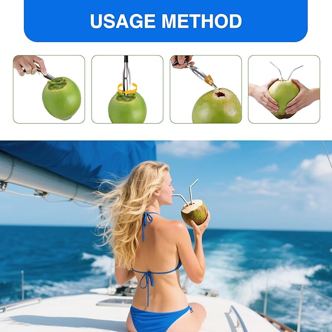 Coconut Opener Tool Set with Straws, Stainless Steel Straw Hole Punch and Coconut Meat Remover Scraper