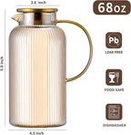 Buaic 2 PACK Glass Pitcher with Lid, 68 oz/ 2 Liter Amber Classic Vertical Stripes Water Pitcher,Glass Water Carafe for Cold Brew, Coffee, Lemonade, Iced Tea,Beverage, Heat Resistant Water Glass Jug