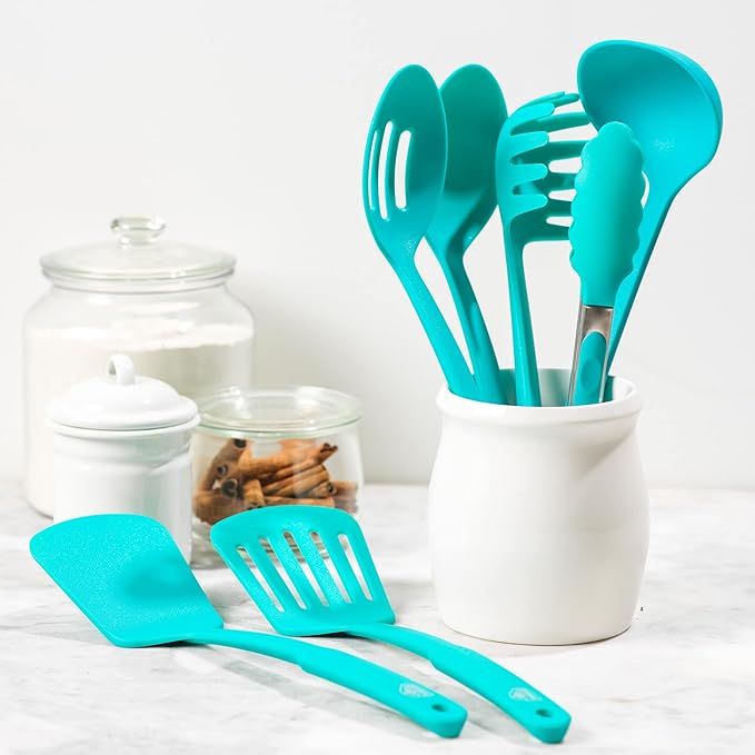 GreenLife Cooking Tools and Utensils, 7 Piece Nylon Set including Spatulas Turner Spoons and Tongs, Dishwasher Safe, Caribbean Blue