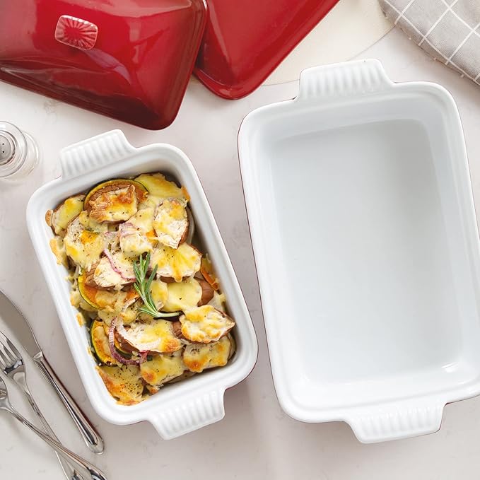 vancasso Blossom Casserole Dish With Lid, 1.9 Quart Casserole Dish for Oven, 12x7 Baking Pan with Handles, Casserole Baking Dish Lasagna Pan with Lid, Microwave, Dishwasher Safe, Red