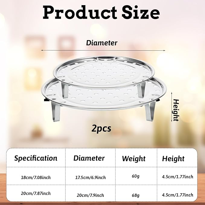 2 PCS Stainless Steel Steaming Basket, 7/7.8 Inch Round Food Steamer Insert Multi-function Steamer Rack Tray with Removable Stand for Pots Steaming Cookware Vegetable, Dumplings, Fish, Seafood Cooking