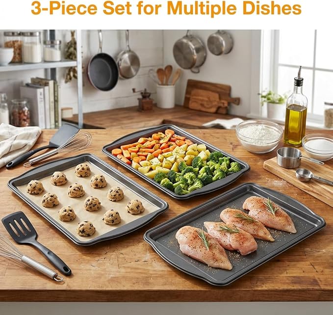 Baking Pan Set of 3 - Carbon Steel Baking Sheets Set, 13/15/17 Inch, Nonstick Cookie Sheets for Baking, Rust & Warp Resistant & Stackable, Nontoxic & Heavy Duty & Easy Clean