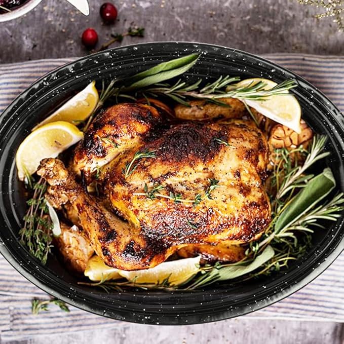 Granite Roaster Pan, 19” Enameled Roasting Pan with Domed Lid. Oval Turkey Roaster Pot, Broiler Pan Great for Turkey, Chicken, Lamb, Vegetable. Dishwasher Safe Cookware Fit for 20Lb Turkey by Kendane