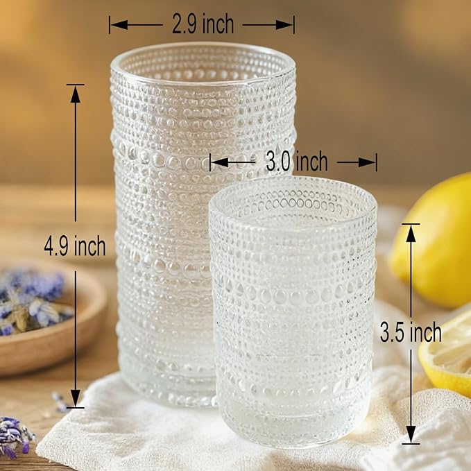 Hobnail Drinking Glasses Set of 8，Includes 12-ounce beer glasses and 10-ounce cocktail glasses.Kitchen Water Glass Cup,Bar Tumbler Glassware Set for Whiskey, Beer, Cocktail, Juice, Milk