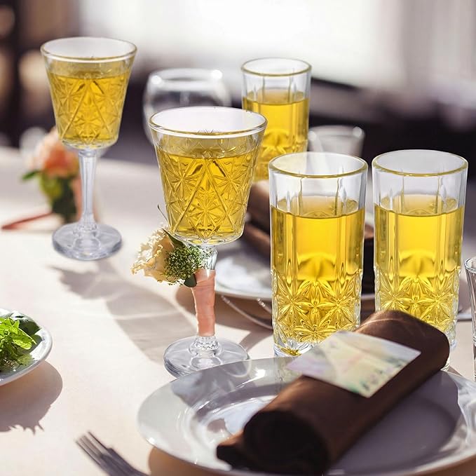 Uiifan 12 Pcs Drinking Glassware Set 6 Highball Glasses 12 oz 6 Glass Goblets 10 oz Crystal Glassware Set Clear Fancy Cups Vintage Textured Designer Cup for Cocktail Tea Water Beer Soda Dishwasher