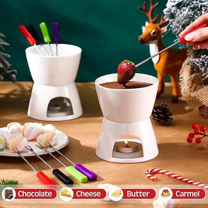 Mudder 6 Pieces Fondue Mug Ceramic Pot and 24 Pieces Forks Set for Melting Chocolate, Cheese, Broth or Tapas on Christmas Gift Valentine's Day(Red and White)