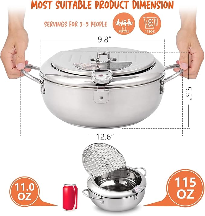 Deep Fryer Pot,Oxydrily Japanese Tempura Deep Fryer Stainless Steel Frying Pot With Thermometer