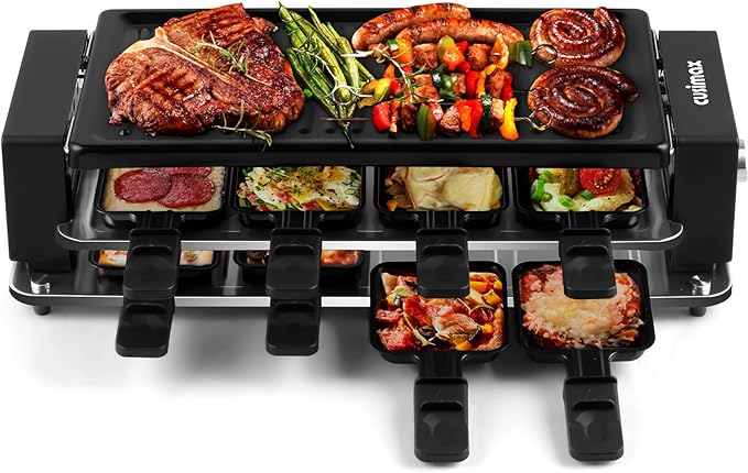 CUSIMAX Raclette Grill Korean BBQ Grill, Portable Raclette Table Grill Electric Grill with Non-stick Plate, Adjustable Temperature Control, Indoor Grill with Cool Touch Handles, 8 Cheese Trays for Fun