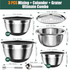 Stainless Steel Mixing Bowls Set with Lids & Silicone Base - 7-Piece Kitchen Gadgets Includes Colander, Grater, Egg Separator, Whisk - Nesting Bowls (1.5, 2, 2.5, 4.5 QT), Dishwasher Safe, Black