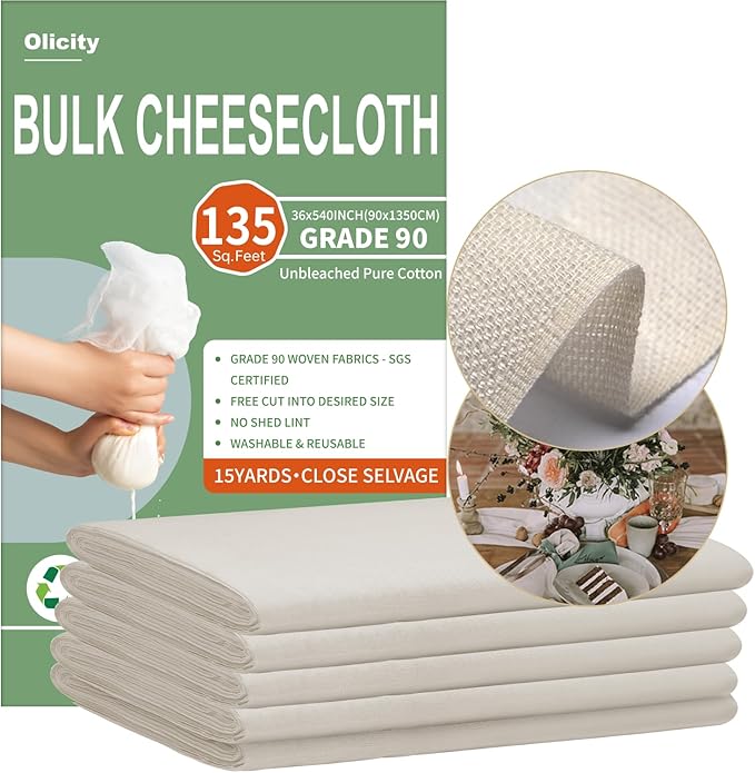 Olicity Cheese Cloth Roll,Grade 90,3x45Ft, 135 Sq Ft,Reusable Cheese Cloth Closed Edges Unbleached Cotton Cheese Cloths for Straining,Fine Mesh Muslin Bulk Cheesecloth Roll for Cooking,Crafts-15 Yards